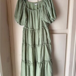 Whimsical Sage Puff Sleeve Midi Dress